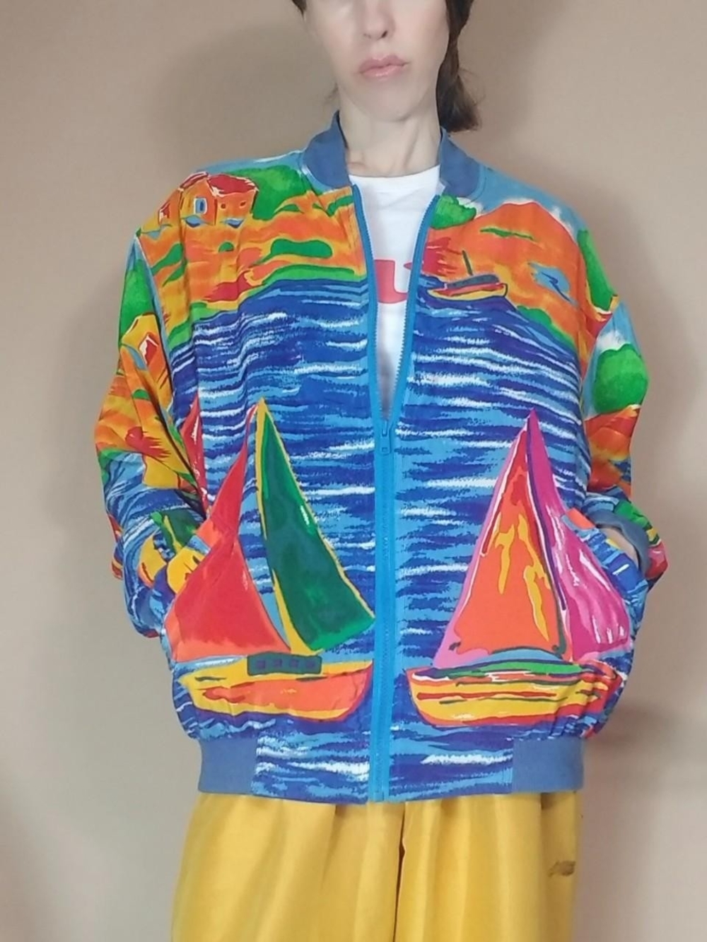 2 For $15 Vintage 80s 90s Sailboat Print Bomber Jacket - Multicolor As IS
